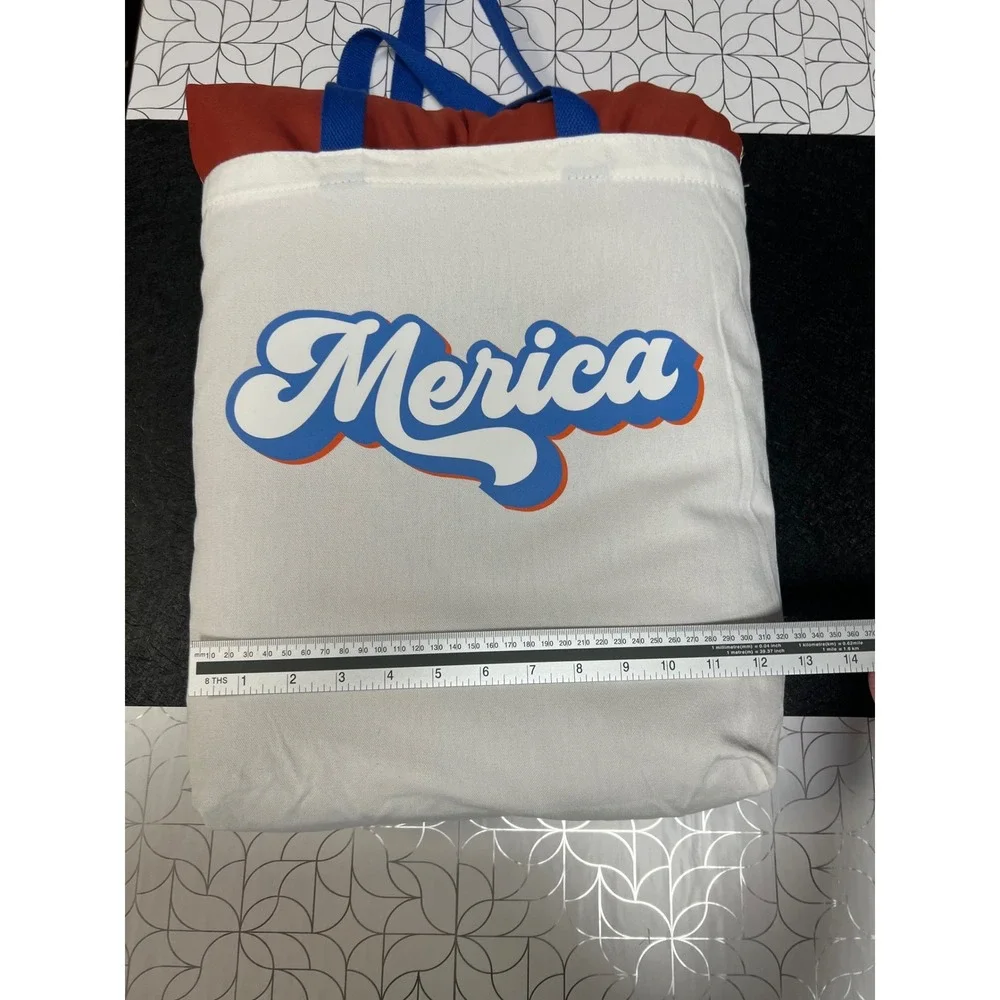 Merica Graphic Canvas Tote Bag White Blue Retro Patriotic USA